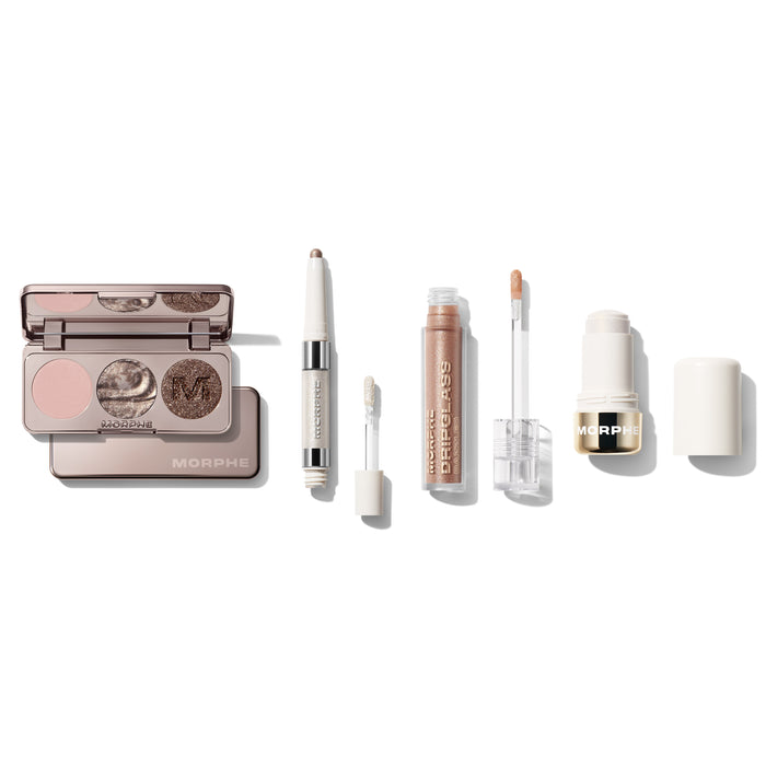 Dazzling Metallics Silver Bundle featuring MORPHE eye compact with M-engraved shimmer pans, MORPHE dual-ended eye pencil, MORPHE DRIPGLASS DAZZLED lip gloss, and MORPHE highlighter stick.