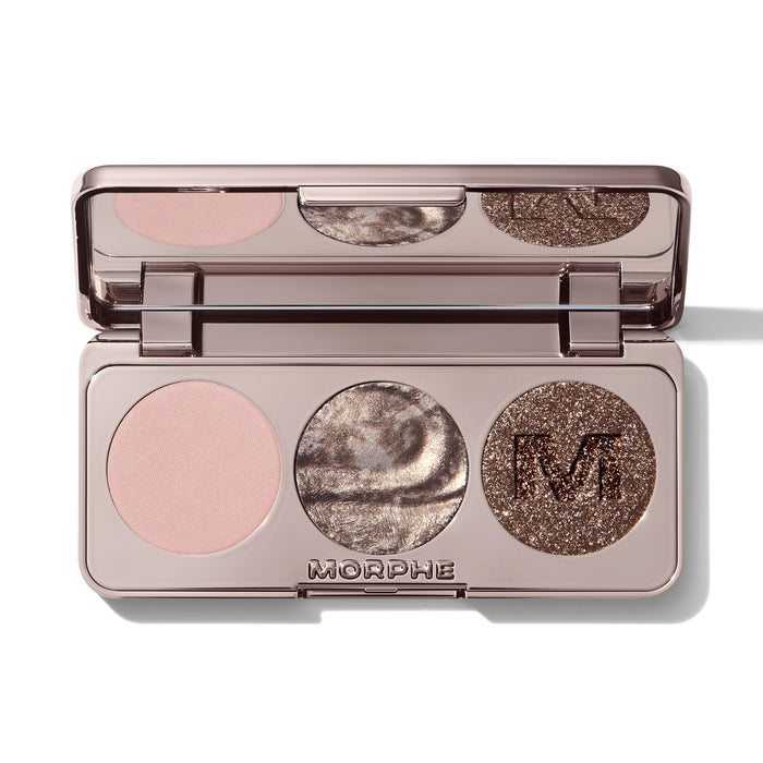 {Platinum Blonde} Dazzling Metallics Eyeshadow Trio open compact showing matte pink, metallic silver, and bronze glitter pans with MORPHE engraved below.