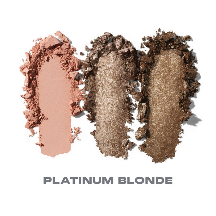{Platinum Blonde} Dazzling Metallics Eyeshadow Trio shade smears in warm nude, bronze, and deep metallic brown labeled PLATINUM BLONDE.