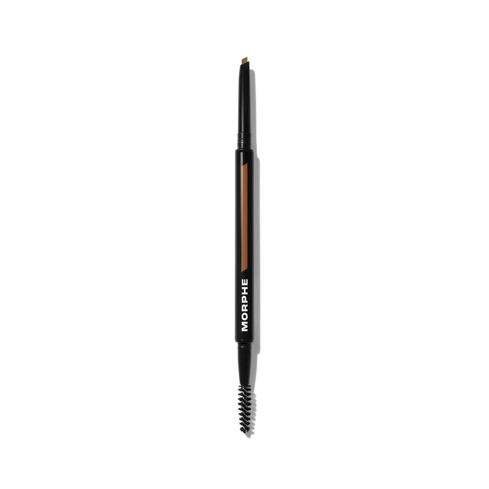 {Almond (warm brown)} Morphe Definer Dual-Ended Brow Pencil & Spoolie in warm brown, black barrel labeled MORPHE, with precision pencil tip and spoolie end.