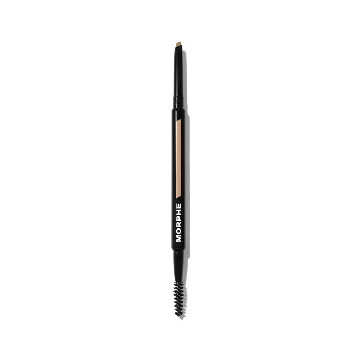 {Macadamia (light blonde)} Morphe Definer Dual Ended Brow Pencil & Spoolie in shade Macadamia, black barrel with tan color swatch and MORPHE text, angled pencil tip and spoolie end.
