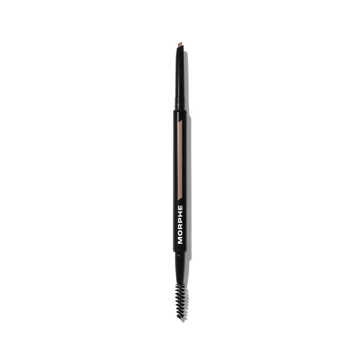 {Biscotti (light taupe)} Morphe Definer Dual-Ended Brow Pencil & Spoolie in Biscotti, black barrel with taupe color swatch and MORPHE text, fine pencil tip and spoolie end.