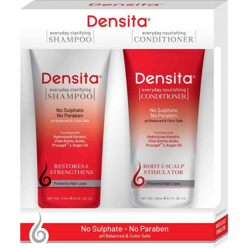 Densita Everyday Clarifying Shampoo & Everyday Nourishing Conditioner packaging. The set includes a red and white shampoo tube and a matching conditioner tube, both with text detailing product features, placed inside a clear plastic packaging with red and black branding.