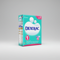 A box of Dexolac -1 Infant Formula Refill Pack, 400gm, with branding and product information on the packaging.
