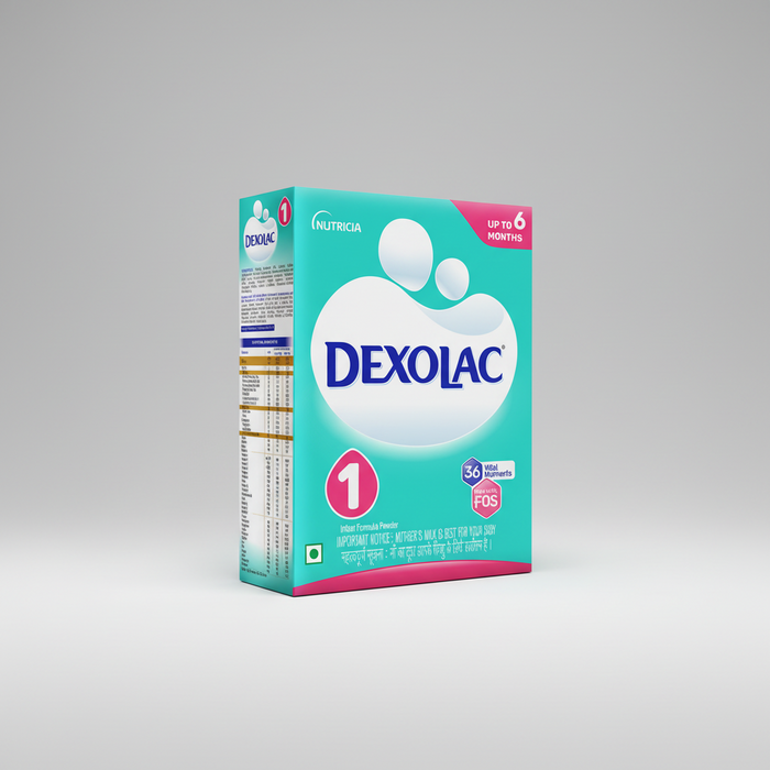 A box of Dexolac -1 Infant Formula Refill Pack, 400gm, with branding and product information on the packaging.
