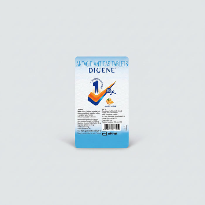 Packaging of Digene antacid tablets with orange flavor, showing the brand logo, product name, and additional information.