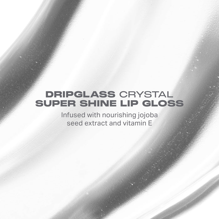 Morphe Dripglass Crystal Super Shine Lip Gloss product name over glossy texture background, infused with jojoba seed extract and vitamin E.