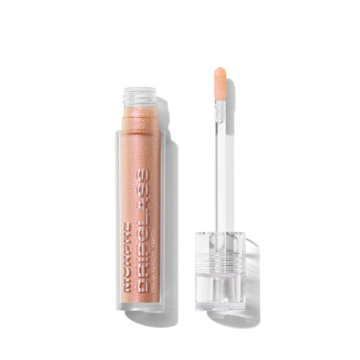 {Pink Sapphire} Morphe Dripglass Dazzled High Shimmer Lip Gloss open tube with doe-foot applicator in a rose gold shimmer shade.
