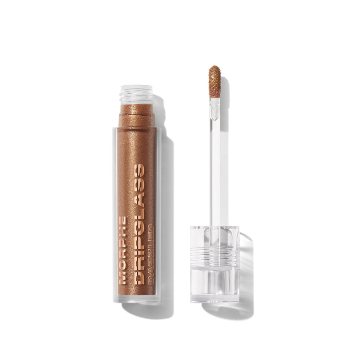 {Cognac Diamond} Morphe Dripglass Dazzled High Shimmer Lip Gloss open tube and wand showing warm bronze shimmer gloss.