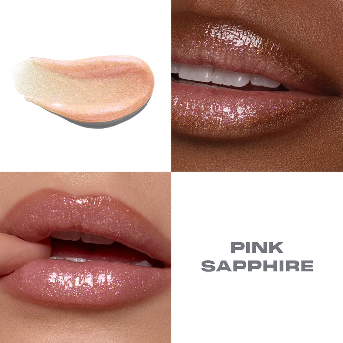 {Pink Sapphire} Dripglass Dazzled High Shimmer Lip Gloss macro swatch and lip shots with text "PINK SAPPHIRE."