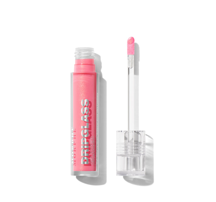 {Pink Mirror} Open Morphe Dripglass Glazed High Shine Lip Gloss in shimmery hot pink, clear tube labeled "MORPHE DRIPGLASS GLAZED High Shine Lip Gloss / Brillant à Lèvres Ultra-Lumineux" with doe-foot applicator loaded with pink gloss.