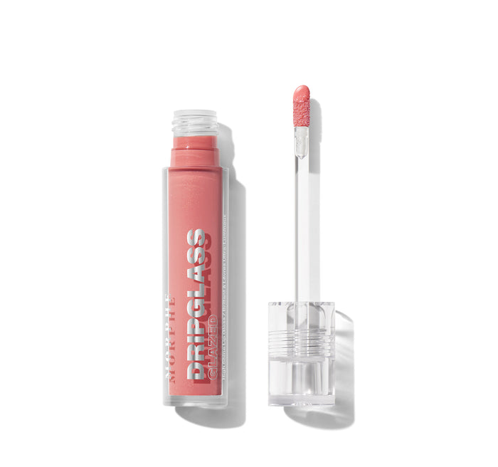 {Nude Gleam} Morphe Dripglass Glazed High Shine Lip Gloss open tube and doe-foot wand showing shimmery coral-pink gloss, labeled "MORPHE DRIPGLASS GLAZED High Shine Lip Gloss / Brilliant À Lèvres Ultra-Lumineux."