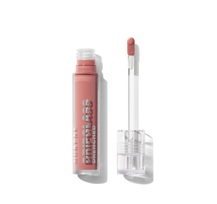 {Wet Peach} Morphe Dripglass Drenched High Pigment Lip Gloss in warm mauve-pink, clear tube open with doe-foot applicator wand.