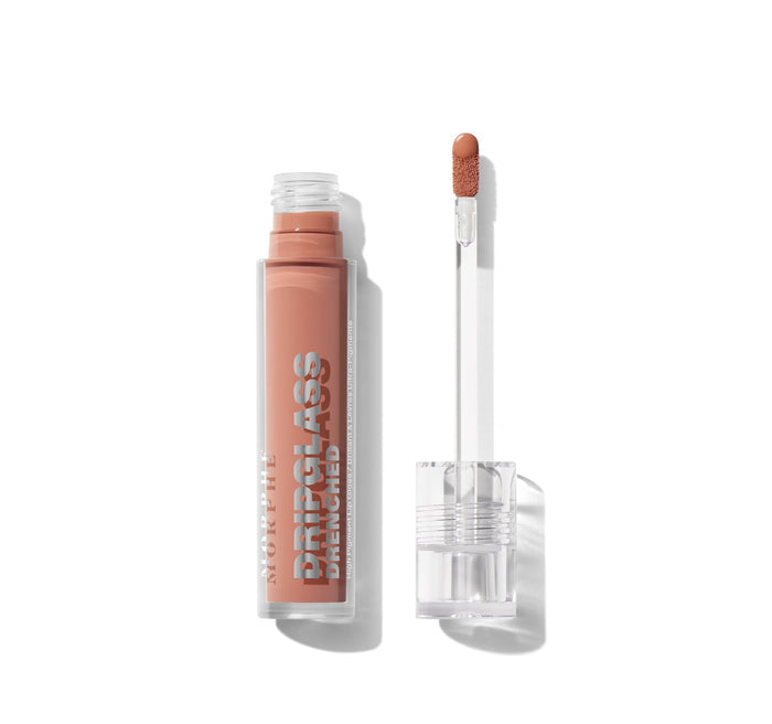 {Naked Dip} Morphe Dripglass Drenched High Pigment Lip Gloss in a warm nude, clear tube open with doe-foot wand applicator.