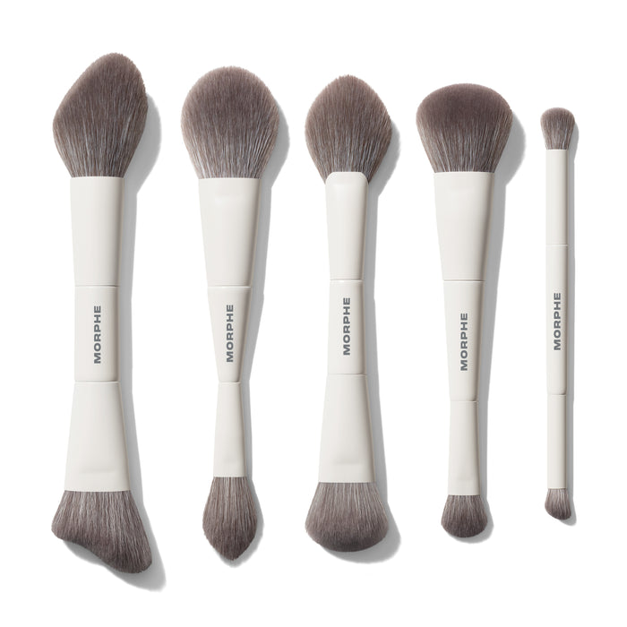 Morphe Dual-Ended Brush Bundle: M100, M160, M200, M240 dual-ended brushes plus M300 eyeshadow brush, white handles stamped MORPHE.