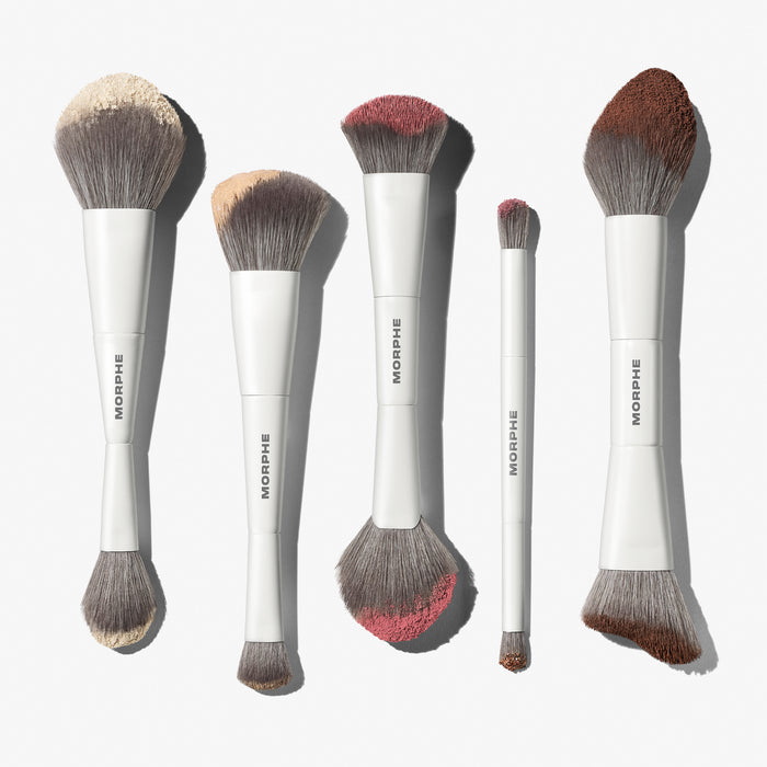 Morphe Dual-Ended Brush collection used with foundation, blush, bronzer, and eyeshadow product on bristles, MORPHE handles.