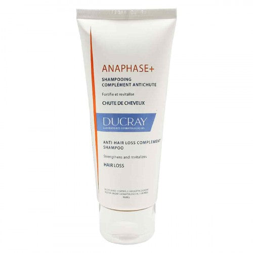 Ducray Anaphase+ Shampoo tube with orange and white label, indicating anti-hair loss complement, chicory and aloe vera.