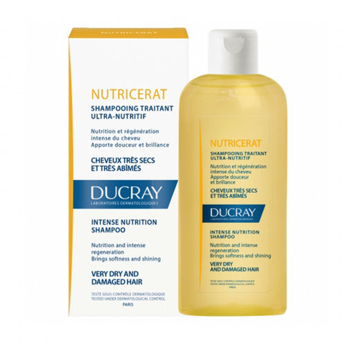 Ducray Nutricerat Shampoo packaging and bottle, highlighting intense nourishment, regeneration and protection for damaged hair.