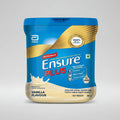 A container of Ensure Plus Vanilla powder, with the brand logo and product information displayed on the label.