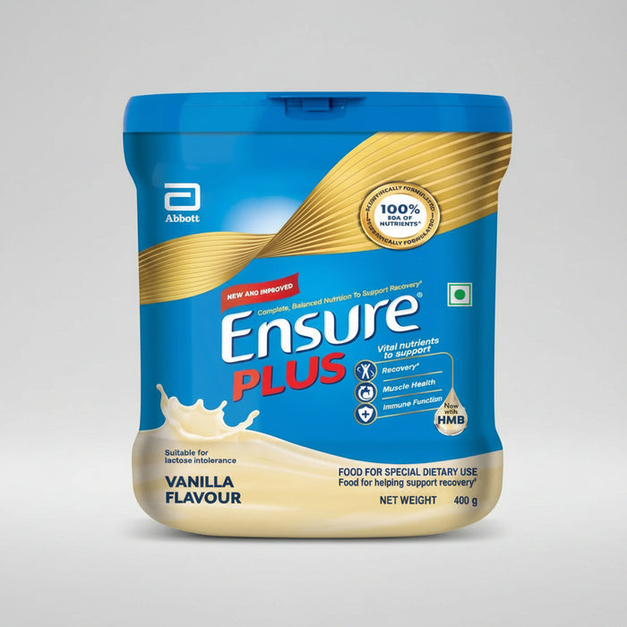 A container of Ensure Plus Vanilla powder, with the brand logo and product information displayed on the label.
