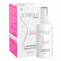 A product image showing Ethiglo Spary-Vitamin C Intra Oral Spray in a white spray bottle with a pink label, alongside its packaging box.