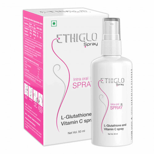 A product image showing Ethiglo Spary-Vitamin C Intra Oral Spray in a white spray bottle with a pink label, alongside its packaging box.