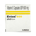 A box of Evion 600 mg Vitamin E capsules, with the brand name and product description displayed on the front.