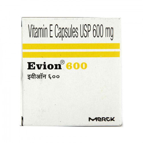 A box of Evion 600 mg Vitamin E capsules, with the brand name and product description displayed on the front.