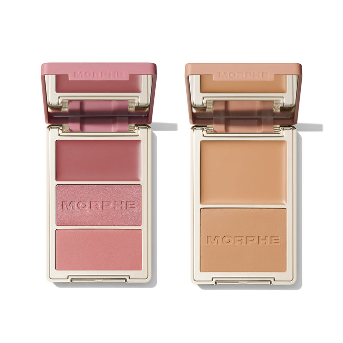 Morphe Feelin' Cheeky bundle: open Cheek Thrills Multi-Finish Face Trio in pink and Cheek Thrills Bronzer Duo in tan, both with MORPHE engraved.