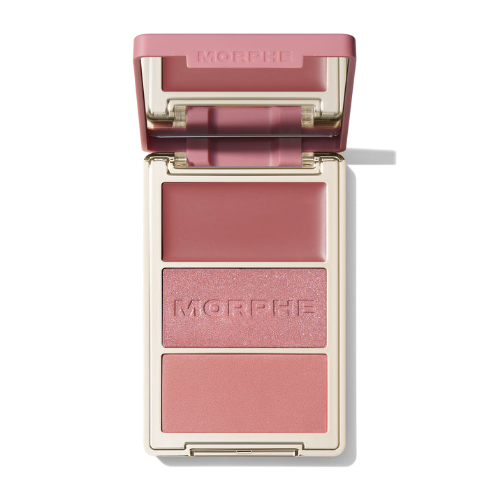 {Honeymoon Suite} Open Morphe Cheek Thrills Multi-Finish Face Trio with mauve lid, rose cream, pink shimmer with MORPHE engraved, pink matte.