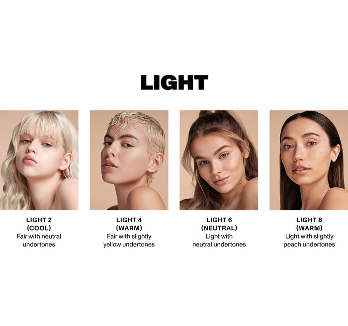{Filter Light 2} Filter Effect Soft Radiance Concealer shade guide showing LIGHT: Light 2 (Cool) Fair with neutral undertones, Light 4 (Warm) Fair with slightly yellow undertones, Light 6 (Neutral) Light with neutral undertones, Light 8 (Warm) Light with slightly peach undertones.