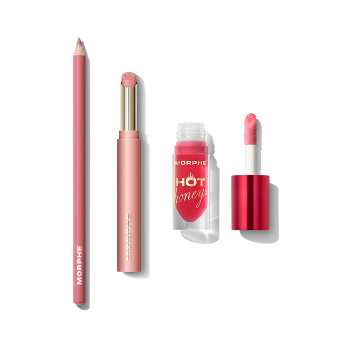 Morphe Fully Covered Lip Bundle featuring a MORPHE lip liner pencil, MORPHE lip crayon, and MORPHE HOT honeys lip gloss with applicator wand.