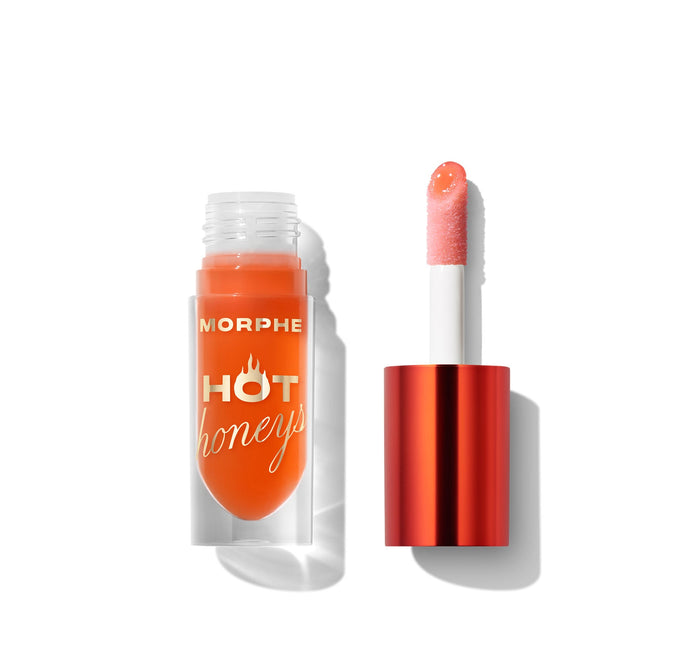 {Heat Swarm} Morphe HOT honeys Plumping Lip Oil open tube in coral orange with sheer pink applicator wand.