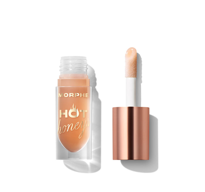 {Royal Sting} Morphe Hot Honeys Plumping Lip Oil open, clear bottle labeled "MORPHE HOT honeys" filled with peachy-honey oil beside rose gold cap with applicator wand.