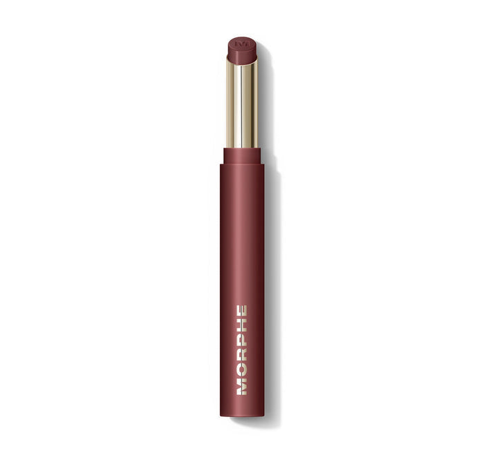 {Velvet} Morphe Lip Filter Hydroplump Soft Matte Lipstick in Velvet, open bullet showing deep burgundy shade, MORPHE on tube.