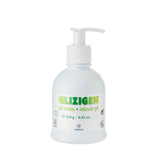 A bottle of Glizigen Gel with a pump dispenser, labeled for intimate hygiene, 250gm size.