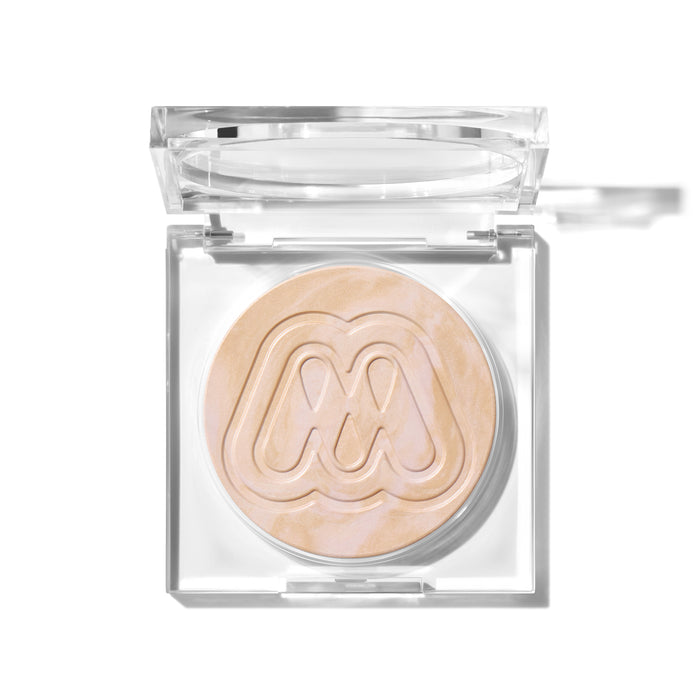 {Dawn} Open clear compact of Morphe Cloudlight Soft Glow Veil in a peach-beige shimmer powder with embossed M logo and silver metal hinge.