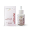 A package and bottle of 'Experience' brand Glutone serum with the text 'MELAZERO 1% PUREWHITE 1%' and '30ml' visible. The packaging is predominantly pink with product name and percentage details mentioned prominently.