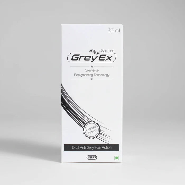 Box of GreyEx hair care product on a white background