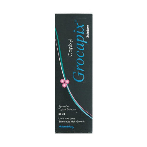 A product image featuring a box of Grocapix Solution, 60ml, with branding and labeling.