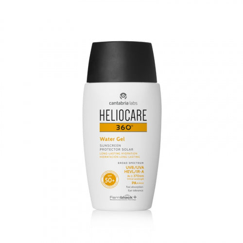 A bottle of Heliocare 360 Water Gel Sunscreen with SPF 50+ protection, indicating high sun protection factor.