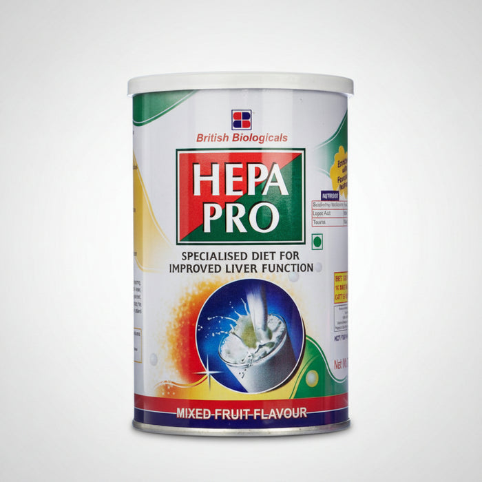 A container of HepaPro Powder with mixed fruit flavor, marketed as a specialized diet for improved liver function.