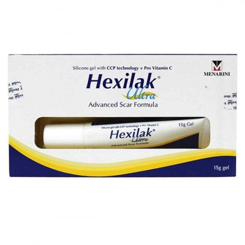 Packaging of Hexilak Ultra Gel, 15gm size, with branding and product information.