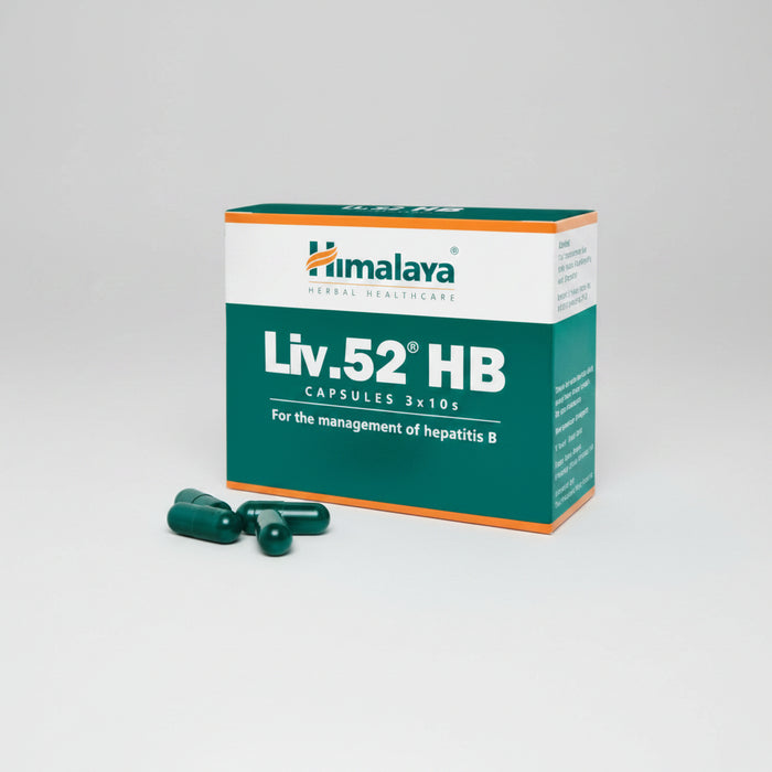 A box of Himalaya Liv 52 HB capsules, with a green and white color scheme, containing 10 capsules for liver health.