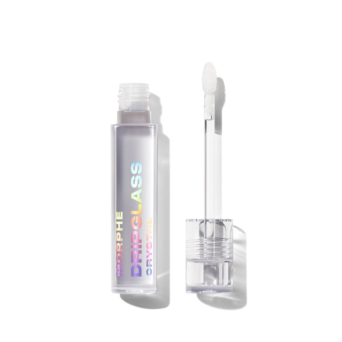 Morphe Dripglass Crystal Super Shine Lip Gloss tube open beside its doe-foot applicator wand, showing the clear, non-sticky formula.