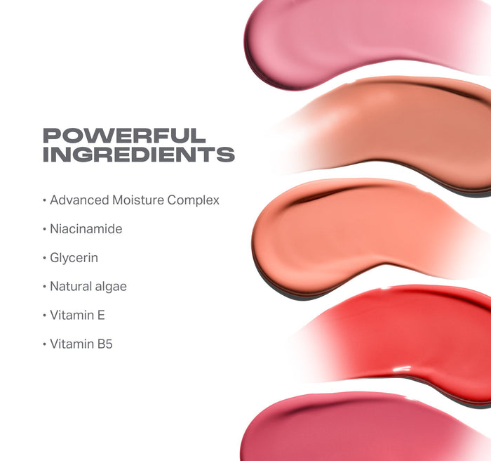 {Power Drip} Hot Shot Blush Drops swatches infographic reading POWERFUL INGREDIENTS: Advanced Moisture Complex, Niacinamide, Glycerin, Natural algae, Vitamin E, Vitamin B5.