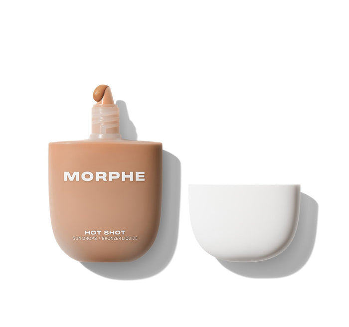 {Money Honey} Morphe Hot Shot Sun Drops / Bronzer Liquide open bottle in tan shade with dropper extended, white cap beside it.