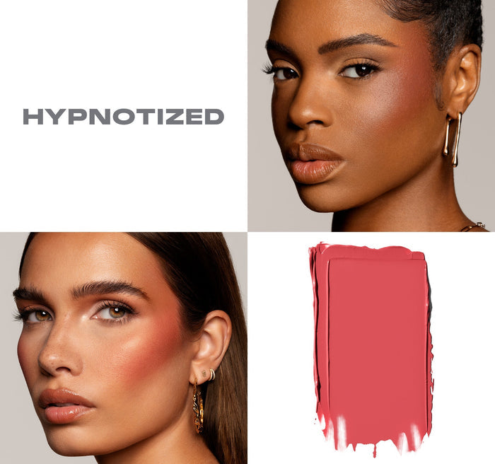 {Hypnotized (rose terracotta)} Huephoric Rush 3 In 1 Silk Blush in HYPNOTIZED shown on two models with a coral-pink cream swatch.
