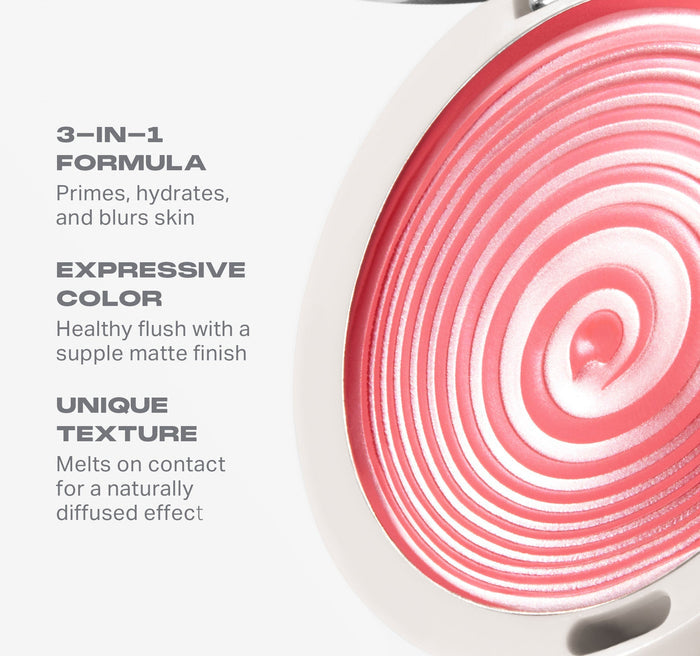 {Hypnotized (rose terracotta)} Huephoric Rush 3-In-1 Silk Blush close-up with callouts: 3-IN-1 FORMULA Primes, hydrates, and blurs skin; EXPRESSIVE COLOR Healthy flush with a supple matte finish; UNIQUE TEXTURE Melts on contact for a naturally diffused effect.