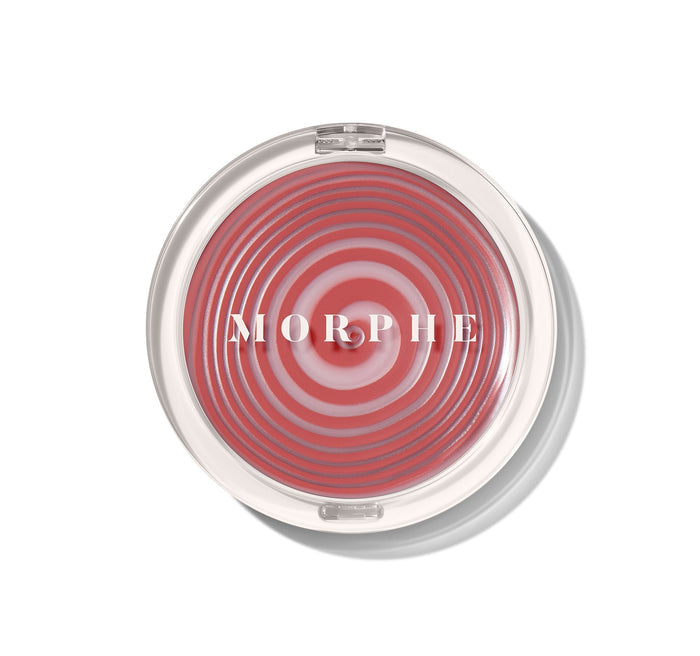 {Hypnotized (rose terracotta)} Morphe Huephoric Rush 3 In 1 Silk Blush closed compact with rose terracotta swirl cream blush and MORPHE text overlay.